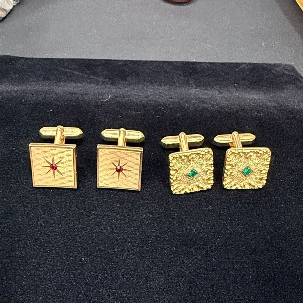 Antique Elegant Gold Cufflinks Set with Red and Green Accents